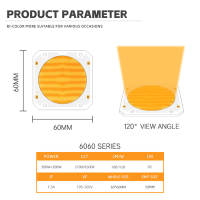 Би-цветный Cob Led Chip 6060 Dual CCT 2700K 6500K Cob Chip высокая мощность 300W * 2 светодиоды