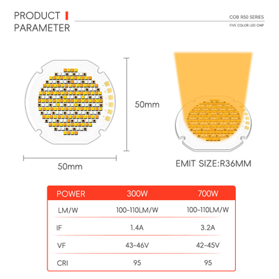 300w 700w Высокая мощность Высокий свет R50 COB Пятицветный светодиодный источник Настройка VF 42-46V LM / W 95