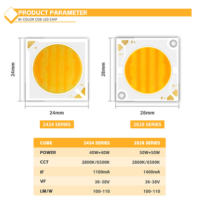 50W+50W Снижаемая мощность COB 2700k+6500k Чип 28*28 мм 1400mA Ra95 Высокомощный светодиод для освещения
