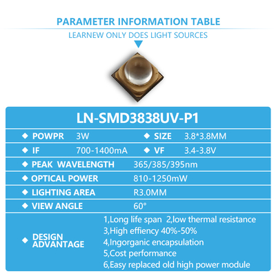 3W УФА светодиодный чип 365nm длина волны 3.8x3.8mm Размер